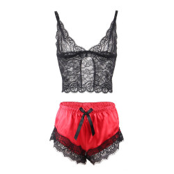 Subblime - 953966 Chemise De Nuit Décontractée En Soie + Pantalon En Dentelle Noir/Rouge L/Xl